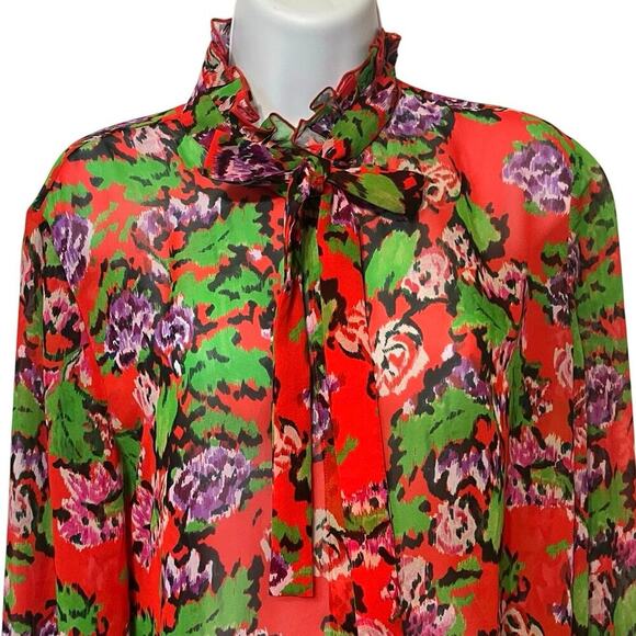 Saloni Emile Georgette Sheer Top 100% Silk Size 8 Floral Cherry Damask Tie Neck - Picture 3 of 7